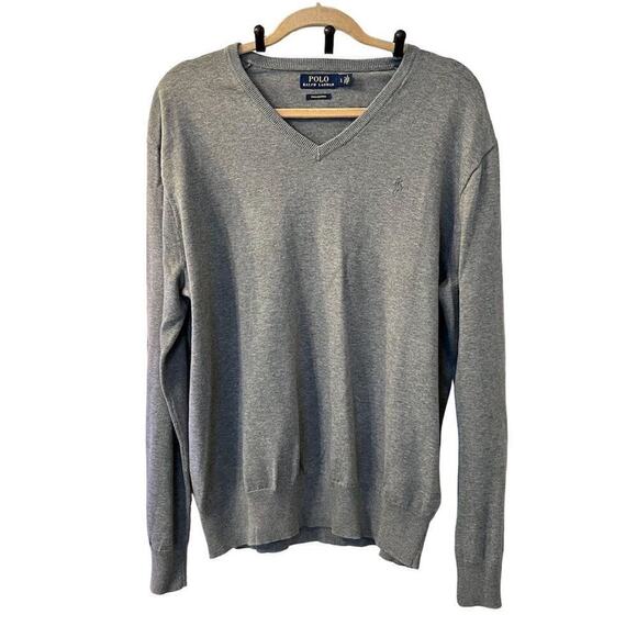 Polo Ralph Lauren Men's V-Neck Pullover Sweater Gray L Preppy Eclectic Grandpa - Picture 1 of 8